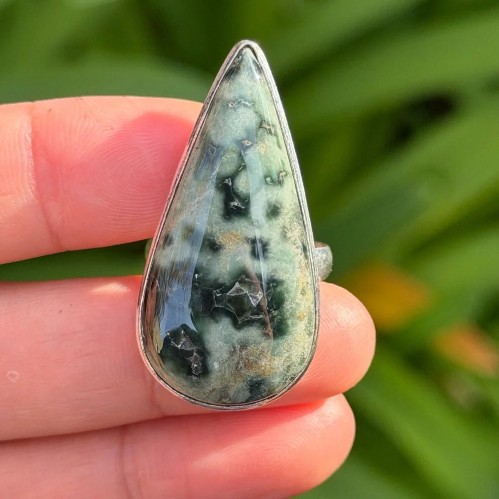 Size 9.75 925 silver‎ plated green ocean jasper ring 0871